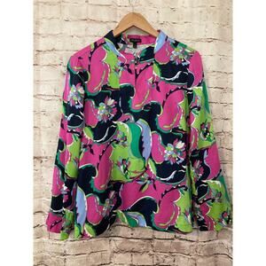 Talbots Top Womens 10 Tunic Multicolor Floral Swirls Colorful Mandarin Collar